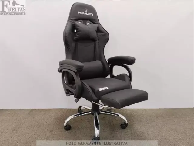 LOTE COM 01 CADEIRA GAMER HEALER BLACK GIRATÓRIA RECLINÁVEL COURO SINTÉTICO RODAS EM NYLON COM…