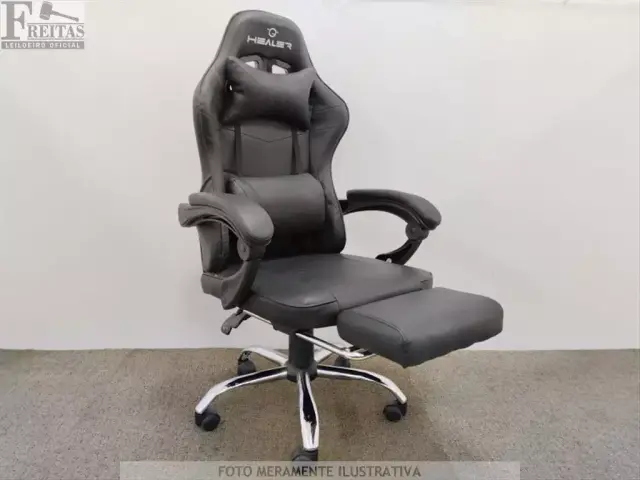 LOTE COM 01 CADEIRA GAMER HEALER BLACK GIRATÓRIA RECLINÁVEL COURO SINTÉTICO RODAS EM NYLON COM…